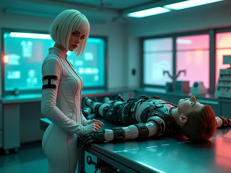 full body photo, Hyperrealistic, ultra-detailed full-body artwork in a cyberpunk setting, featuring a young nurse standing beside a sleek, high-tech stainless steel examination table in a neon-lit medical lab. The nurse has platinum blonde wilde hair in a ...