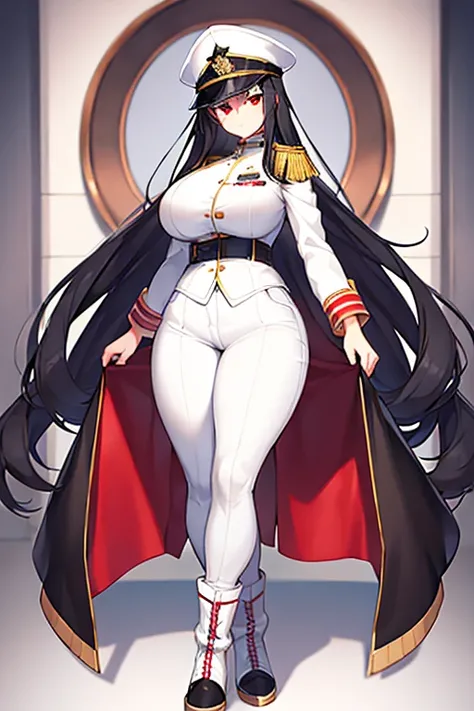 1girl, black hair, long hair, red eyes, large breasts, thick thighs, hourglass figure, mature female, hat, white hat, military hat, jacket, white jacket, pants, white pants, white clothes, boots, black boots, standing, full body, ((full body)),