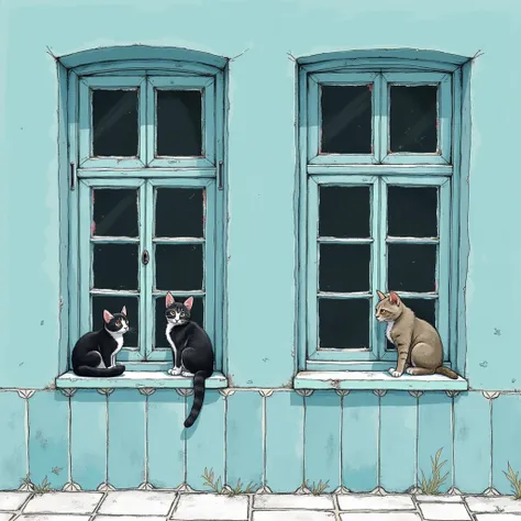 illustration that fits, tiling, white chalk drawing, building facade, old windows, boulangerie, just white chalk drawing, tiffany blue background, solid colors, small cats in the window, black kitten, gray tabby cat, 1920s building facade, scott pilgrim st...