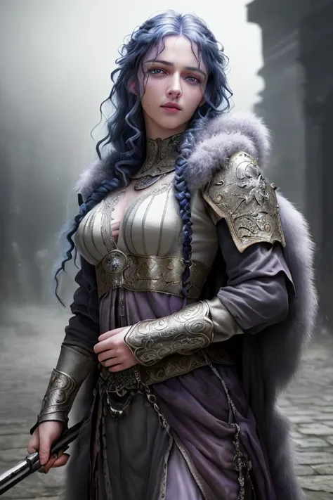 4 armed fae witch with long curly blue hair, lavender eyes, thin lips, round face, light gray skin, (a witch with four arms), my...