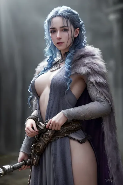 4 armed fae witch with long curly blue hair, lavender eyes, thin lips, round face, light gray skin, (a witch with four arms), my...