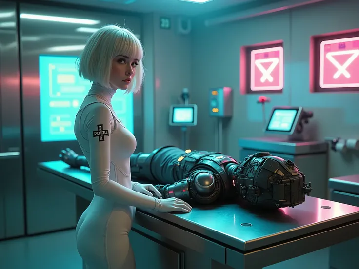 full body photo, Hyperrealistic, ultra-detailed full-body artwork in a cyberpunk setting, featuring a young nurse standing beside a sleek, high-tech stainless steel examination table in a neon-lit medical lab. The nurse has platinum blonde wilde hair in a ...