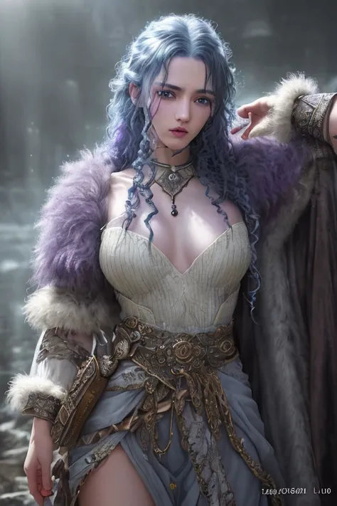 4 armed fae witch with long curly blue hair, lavender eyes, thin lips, round face, light gray skin, mystical being, enormous breasts, wide hips, thick thighs, wearing bear fur cloak, medieval witch attire, mystical creature, dark gloomy scene, (best qualit...