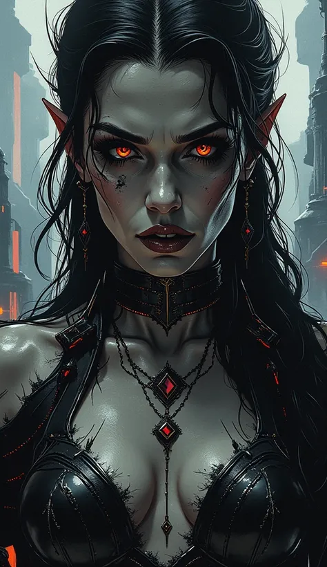 a dark fantasy, sci-fi candid portrait of a cosmic female vampire with glowing eyes, vampire fangs, vampire teeth, and sexy vamp...