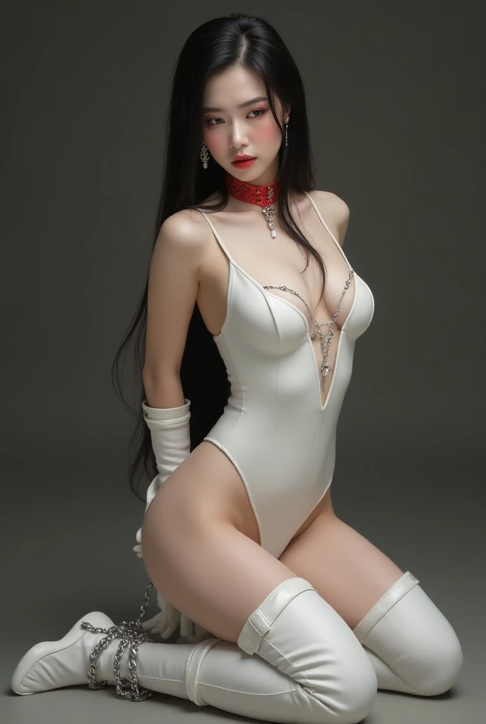 beautiful young chinese girl with black straight long hair, pale white and smooth skin, light makeup, red lips, exquisite facial features, perfect and slim body, huge breasts, expose cleavage, long legs, pained expression, exquisite crystal earrings, red l...