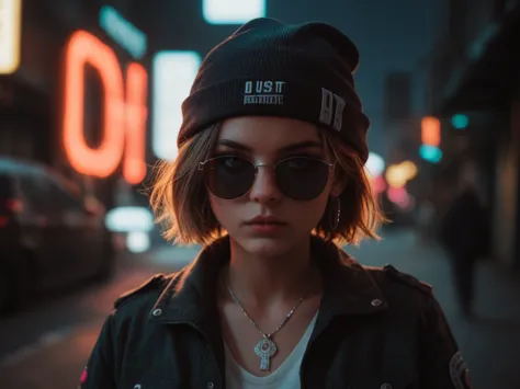 close up of face , alternative girls ,  look over black sunglasses, jacket, necklace,  neon light reflections on the skin, earri...