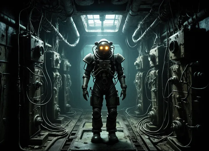 A dark, eerie underwater research facility filled with flickering lights and rusted machinery. Dimly lit corridors stretch out into the distance, covered in mysterious bio-organic growths and shadows that seem to move. The main character stands alone, wear...