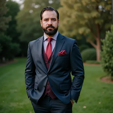 A muscular 39-year-old white man ,  with a muscular build and with a carefully outlined beard ,  he wears an impeccably cut navy blue suit that enhances his sturdy figure .  The cherry shirt and the matching tie add a warm and elegant contrast to the set ,...