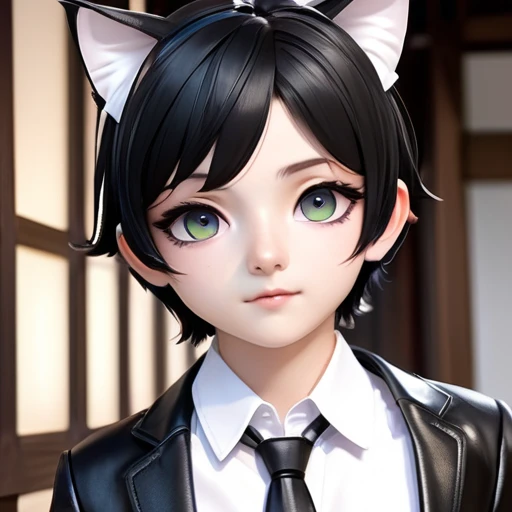 japanese boy、black hair、  cat ears、very short hair、big eyes、small、cute、 shiny black leather suit、 white shirt 、tie、tatami、3d