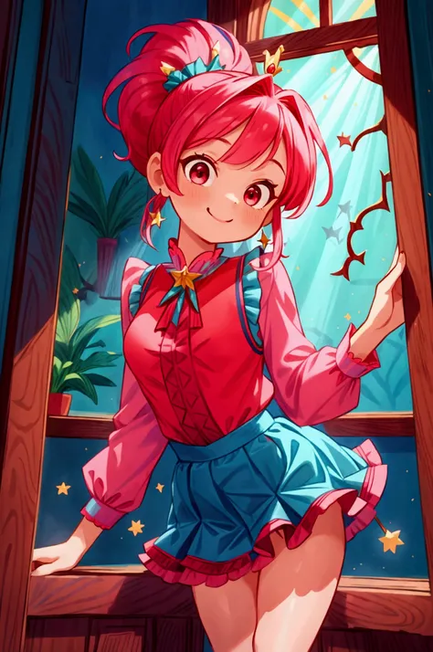 (masterpiece, best quality) standing, indoor, intricate detail, sunlight, red blouse and aqua blue vest, navy blue frill skirt, red boots, pink hair with a high ponytail, smile face, red eyes, cute stars diadema, sexy pose, coquette, gorgeous legs, mature ...