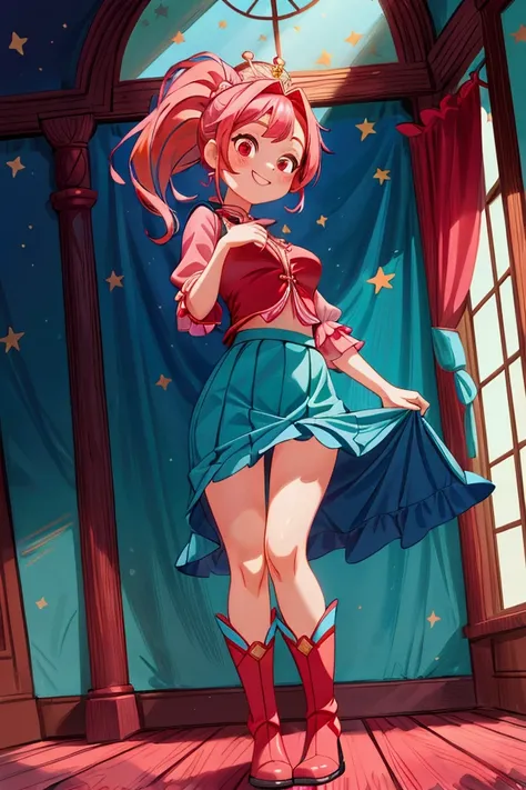 (masterpiece, best quality) standing, indoor, intricate detail, sunlight, red blouse and aqua blue vest, navy blue frill skirt, red boots, pink hair with a high ponytail, smile face, red eyes, cute stars diadema, sexy pose, coquette, gorgeous legs, mature ...