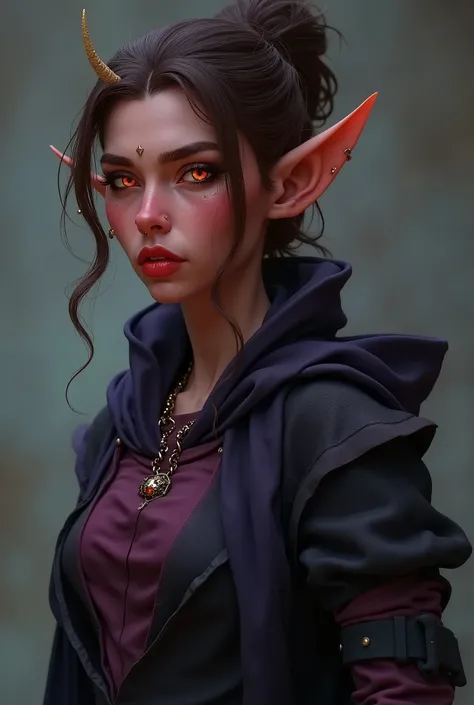 1 femelle Tiefling à peau rouge foncée grise, orange eyes, piercings sur le visage, texture de peau formidable, De beaux yeux, corps svelte, une corne cassée à la tête, porte des vêtements doccultiste en tissus violet et noir, De superbes détails, ultra qu...