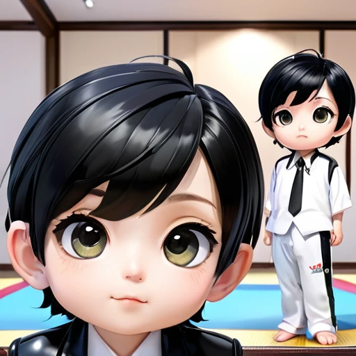 japaneselittleboy、black hair、  very short hair、big eyes、small、cute、 shiny black leather suit、 white shirt 、tie、tatami room、寝そべる、...