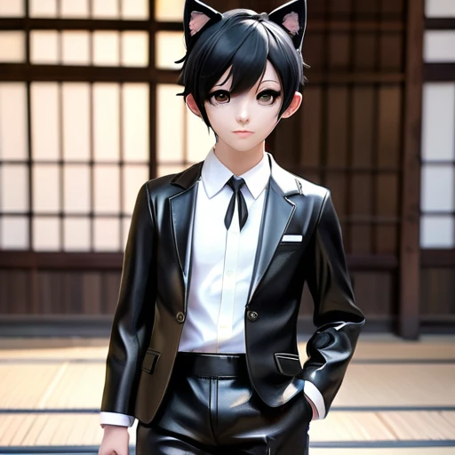 japanese boy、black hair、  cat ears、very short hair、big eyes、small、cute、 shiny black leather suit、 white shirt 、tie、tatami、3d