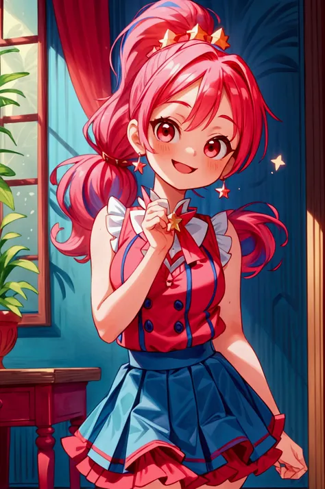 (masterpiece, best quality) standing, indoor, intricate detail, sunlight, red blouse and aqua blue vest, navy blue frill skirt, red boots, pink hair with a high ponytail, smile face, red eyes, cute stars diadema, smiley and sexy expression, sexy pose, coqu...