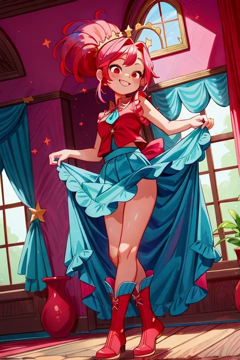 (masterpiece, best quality) standing, indoor, intricate detail, sunlight, red blouse and aqua blue vest, navy blue frill skirt, red boots, pink hair with a high ponytail, smile face, red eyes, cute stars diadema, smiley and sexy expression, sexy pose, coqu...