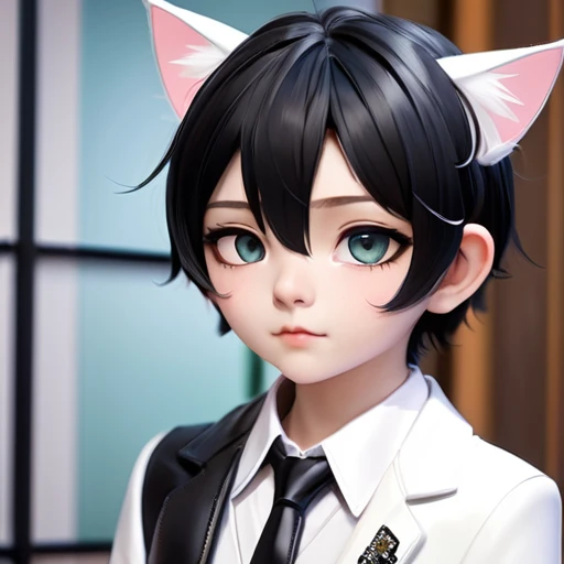 japanese boy、black hair、  cat ears、very short hair、big eyes、small、cute、 shiny black leather suit、 white shirt 、tie、tatami、3d