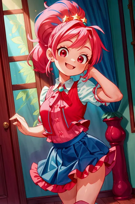 (masterpiece, best quality) standing, indoor, intricate detail, sunlight, red blouse and aqua blue vest, navy blue frill skirt, red boots, pink hair with a high ponytail, smile face, red eyes, cute stars diadema, smiley and sexy expression, sexy pose, coqu...