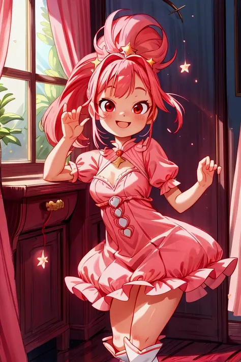 (masterpiece, best quality) standing, indoor, intricate detail, sunlight, white-red-aquamarine frill dress, red boots, pink hair with a high ponytail, smile face, red eyes, cute stars diadema, smiley and sexy expression, sexy pose, coquette, gorgeous legs,...