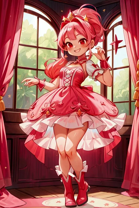 (masterpiece, best quality) standing, indoor, intricate detail, sunlight, white-red-aquamarine frill dress, red boots, pink hair with a high ponytail, smile face, red eyes, cute stars diadema, smiley and sexy expression, sexy pose, coquette, gorgeous legs,...