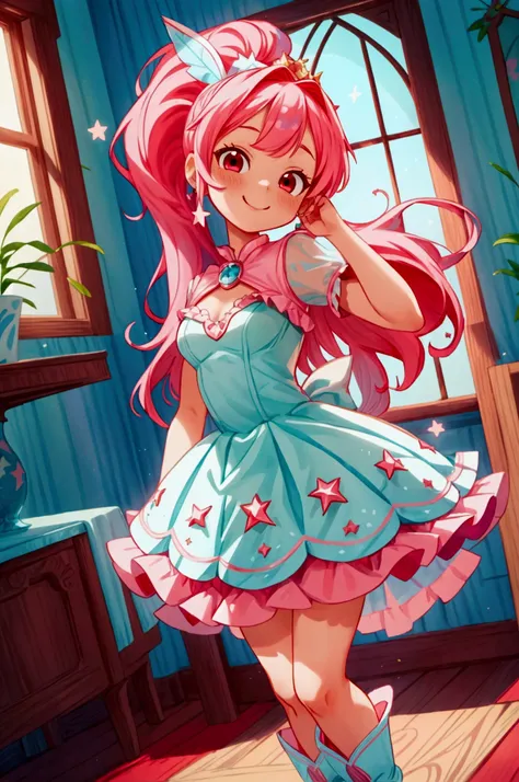 (masterpiece, best quality) standing, indoor, intricate detail, sunlight, white and aqua blue frill dress, red boots, pink hair with a high ponytail, smile face, red eyes, cute stars diadema, smiley and sexy expression, sexy pose, coquette, gorgeous legs, ...