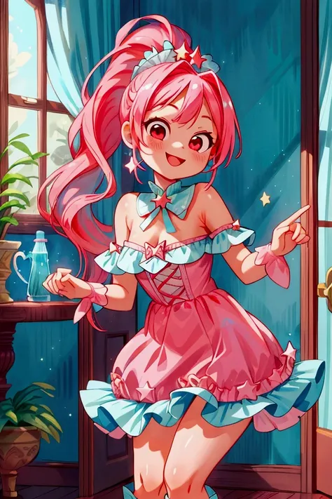 (masterpiece, best quality) standing, indoor, intricate detail, sunlight, white and aqua blue frill dress, red boots, pink hair with a high ponytail, smile face, red eyes, cute stars diadema, smiley and sexy expression, sexy pose, coquette, gorgeous legs, ...