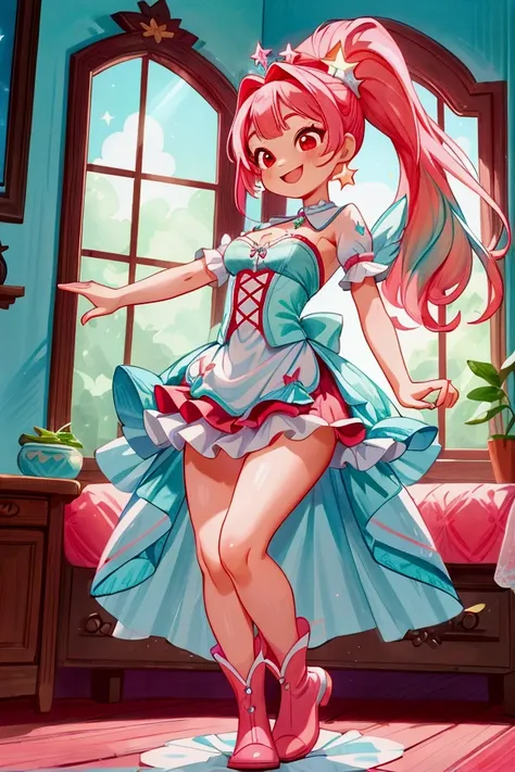 (masterpiece, best quality) standing, indoor, intricate detail, sunlight, white and aqua blue frill dress, red boots, pink hair with a high ponytail, smile face, red eyes, cute stars diadema, smiley and sexy expression, sexy pose, coquette, gorgeous legs, ...