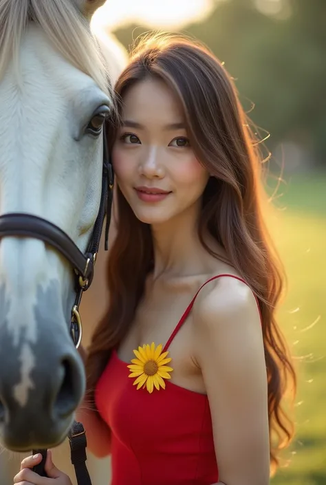 A beautiful Asian woman,long straight shiny brown hair, sweet smile,lovely eyes,kissable lips,white skin,26x24x38 body size, close up whole body photo,sideview body but facing the camera, holding a big white horse,with lights effects, wearing red spagetti ...