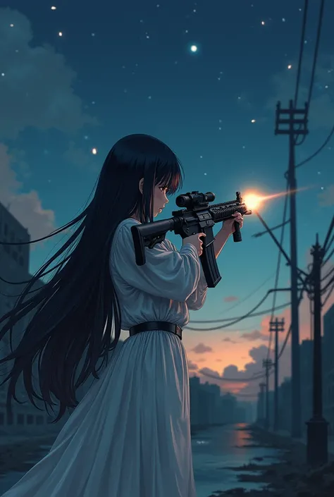 Best Quality,Highest quality, reality,Sadako,Very long black hair, hidden face with pretty long bangs , dress with a dingy white long skirt ,  shooting while holding a detailed AR-15 rifle , lots of bullet marks on the TV screen , high definition, apocalyp...