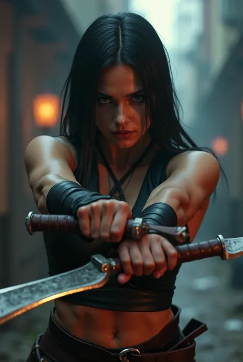 elektra is holding the Sai weapon