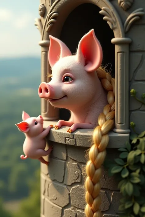 A female piggy as Rapunzel princess ,  that looks out of a window in a tower and waits for the prince .  You should only see her head and maybe some upper body .  The hair should be braided and hang out of the tutm on the right side. A piggy prince hangs f...