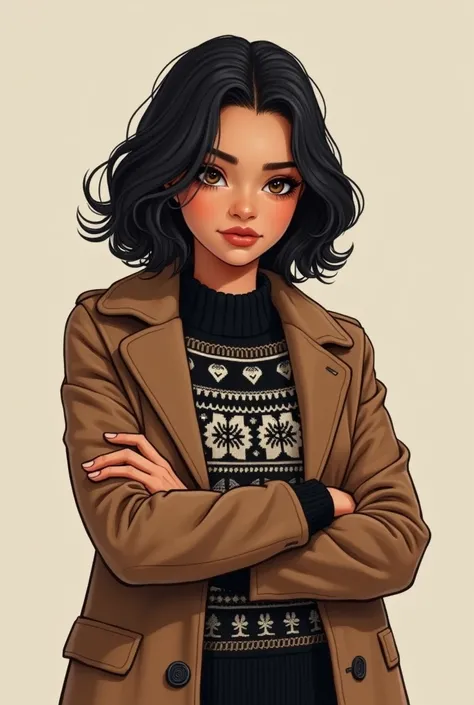 Create a digital illustration/vector,  as if a person had drawn . a girl, Hazel,  with dark Chanel hair and tan skin ,  wears an elegant Christmas sweater ,  reflecting their confidence and determination , with a brown overcoat, sharp eyes ,  arms crossed ...