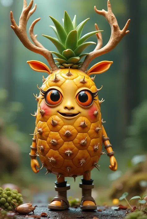 Orange-eyed pineapple doll with antlers and legs
