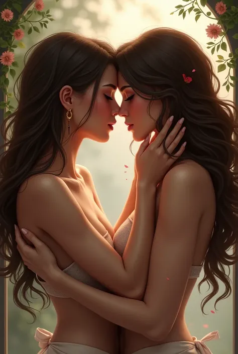 Two brunette women kissing 