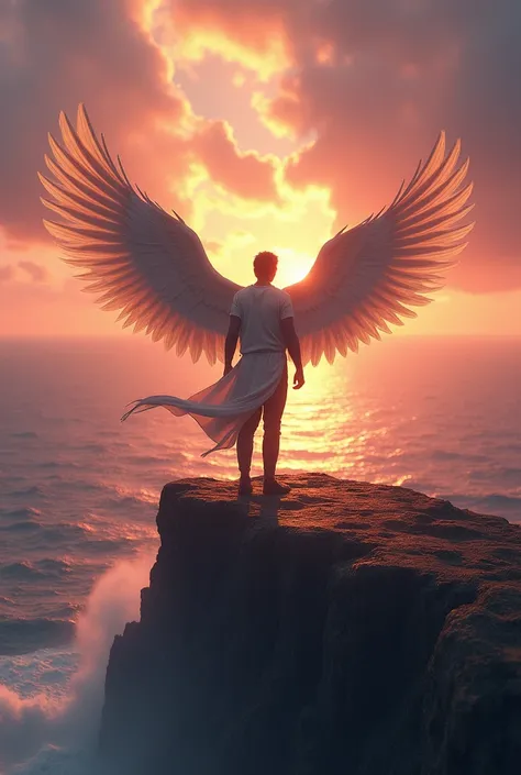 A man with normal-sized wings spread out, standing on the edge of a high cliff, looking toward the ocean. The scene is dramatic, with the ocean below and a sky filled with orange, pink, and purple hues due to the setting sun. The man appears powerful and f...