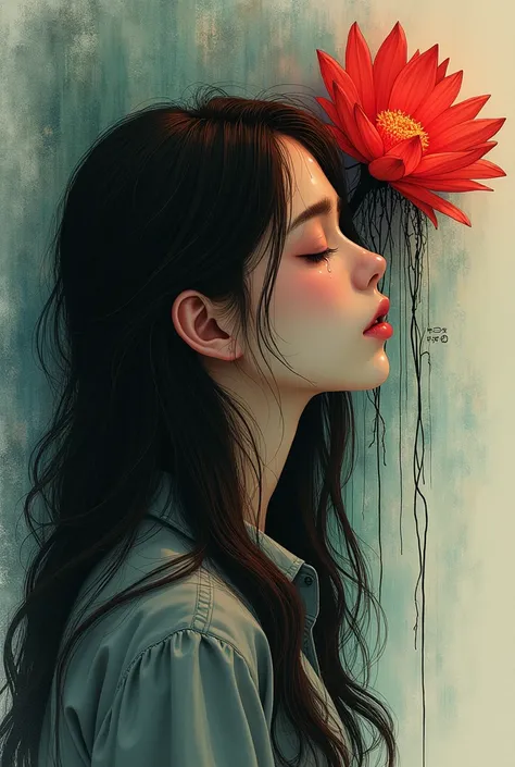 Alone，woman（Left end）、profile（profile view）、Dark browns long hair 、 eyes closed、 facing diagonally downward 、 sad expression 、tears、face forcus shot, break，  the tip of her hair changes to the root of a plant（On the underside 1 .8）、Stem、Red petals（ upper r...