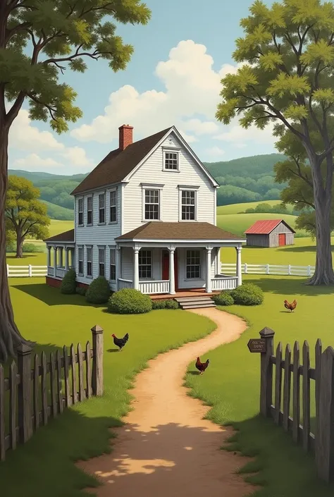 Create a painting of a farm with an old colonial-style house