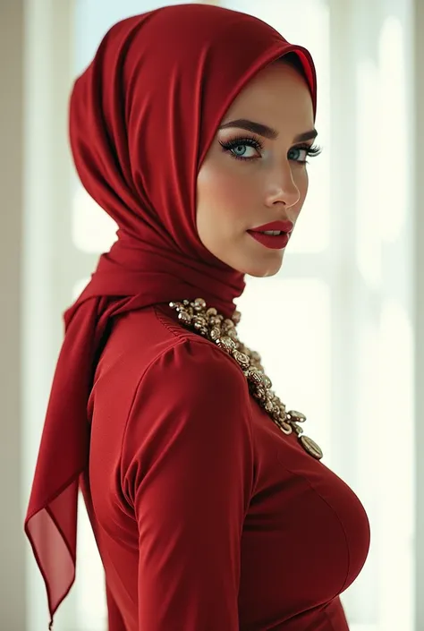 Hijab,Full body image, pretty, Red lips,  perfect face ,   blue eyes, high heels,  tight pencil skirt, Bright image, Side view,  big boobs, Open Mouth,   blue eyes,  simple background , Schmuck,   from the side  , 