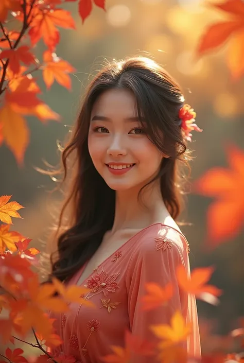 A very beautiful young Korean woman enjoying a 、 commemorative photo in a spectacular fall foliage