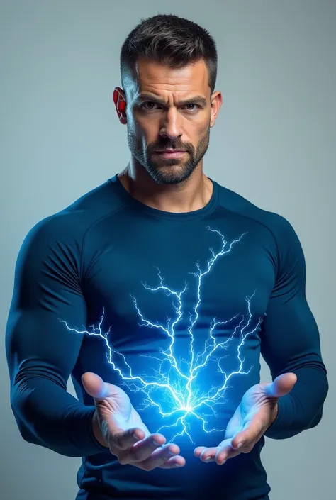 Create the image of a man, around 30 years old, com uma roupa dryfit de manga longa, Dark blue.  Your face has some small scars,  your hair is short but smooth , military court. Your hands let out blue lightning. He seems stately and confident 