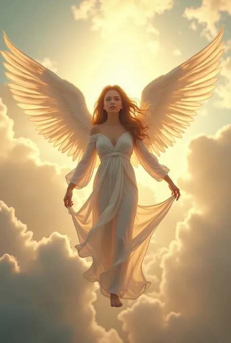 create a full-figure(head to toes) image of a female angel in the sky (photorealism) high quality 