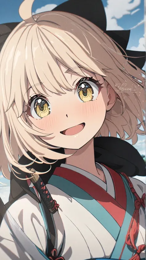 (((Best quality, 8k, Masterpiece: 1.3)), (detailed), perfect face, high resolution, Textured skin, anime style, Girl Samurai, 

okita, okita souji, okita fate go, fate go, fate, fate grand order, saber, saber sakura,  Sonrisa, Feliz,Solo, 1 niña, cuerpo co...