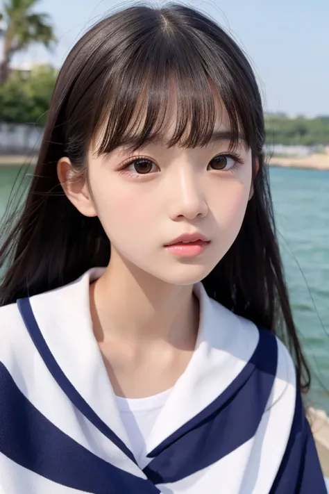 cute、 sailor suit、 middle school first grader、 large, almond-shaped eyes with slightly raised outer corner of the eye 。Tight gills and firm chin 、 has a clear face line 。 firm shaped, dark eyebrows 。 has many natural arches and linear shapes 、 emphasizes t...