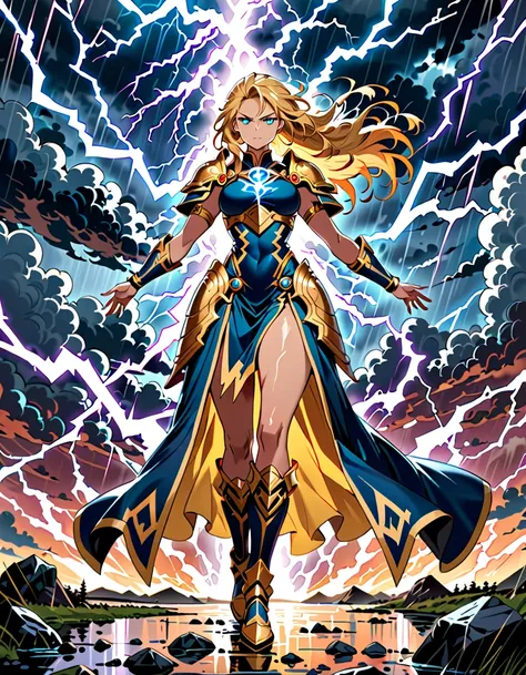 (((masterpiece, best quality, high detailed, 16k))) (1girl) A majestic and powerful warrior goddess with flowing golden hair and piercing storm-blue eyes. Her armor is bright, glowing gold, and white, crackling with arcs of lightning. She wields a massive ...