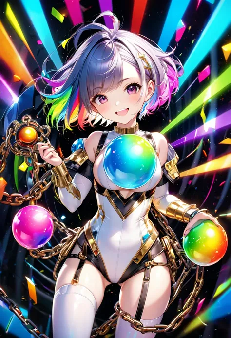 new character from League of Legends, 1 super baby face lady, glossy silky disheveled rainbow short hair, crazy smile, thin flat slender body line, wearing shiny glossy glitter white bodysuit and combat uniform with fluorescent maze pattern, holding chaine...