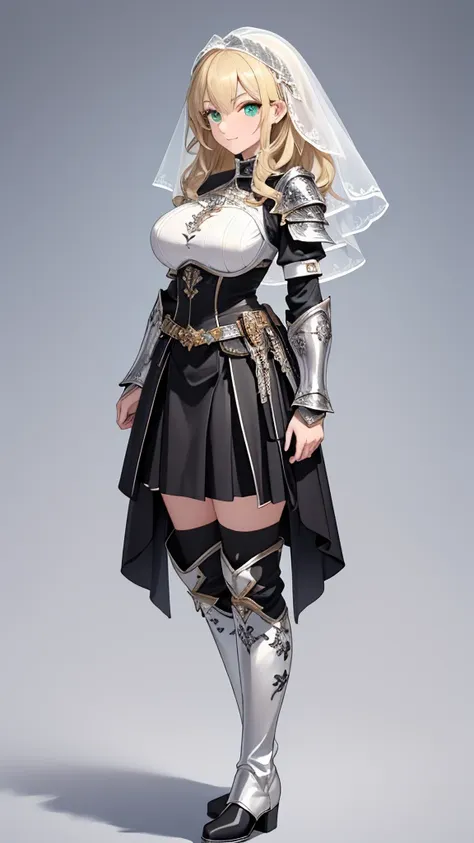 masterpiece, best quality, (( no background)),(((pure white short veil))),((black holy knight armor with rich silver decorations...