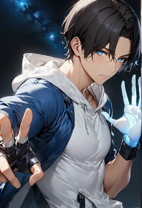 (masterpiece,  best quality:1.2), dark haired young man"Asuka", clothing:  white hoodie with blue jacket, Black Leather Fingerless Drivers Glove ,  upper body focus ,  Bust Up Shot,simple background with a starry sky on one side, The act of retightening th...