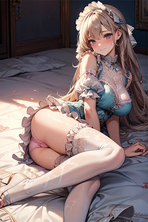 8k、 Best Quality 、  Maximum Clarity  、   very detailed 、Beautiful art、   very detailed、  biologically correct body  、  gentle smile、Maternal、Erotic face、(See-through skin)、 big breasts at the temple、(((  lace panties with gorgeous ruffles and delicate embr...