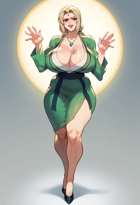 Tsunade,  full body view、 Surreal, Mother, Mature Woman,  mature women,  perfect face, perfect lighting, Sexy lips,  Sexy Women,  looks excited, Beautiful Mark,  fat、Cleavage, Huge , , super giant bust、 supermilk、((Fat Big Breasts :1.5))、 ((  long saggy br...