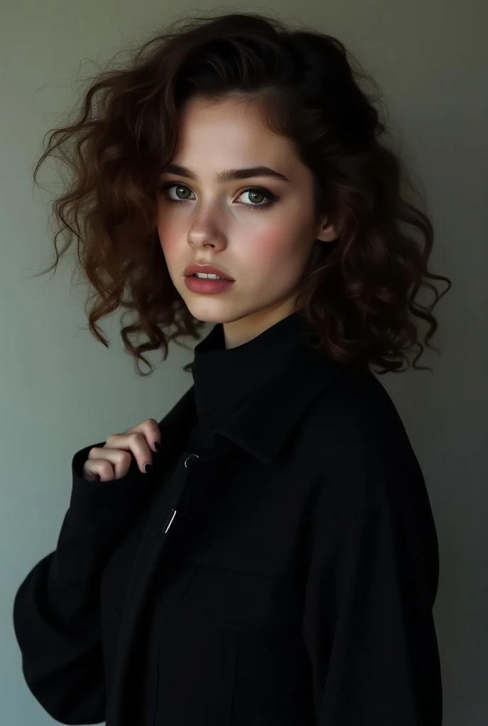  Create a brunette teenager with curly brown hair,  makeup with a black conscience outfit , with Afro 